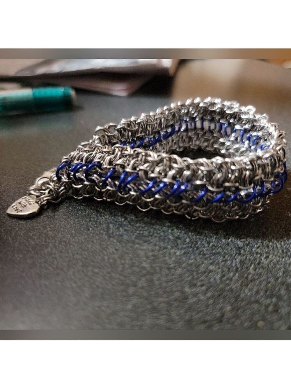 Vipera Berus Chainmail Bracelet Stainless Steel Silver Navy Blue Large #NJ1